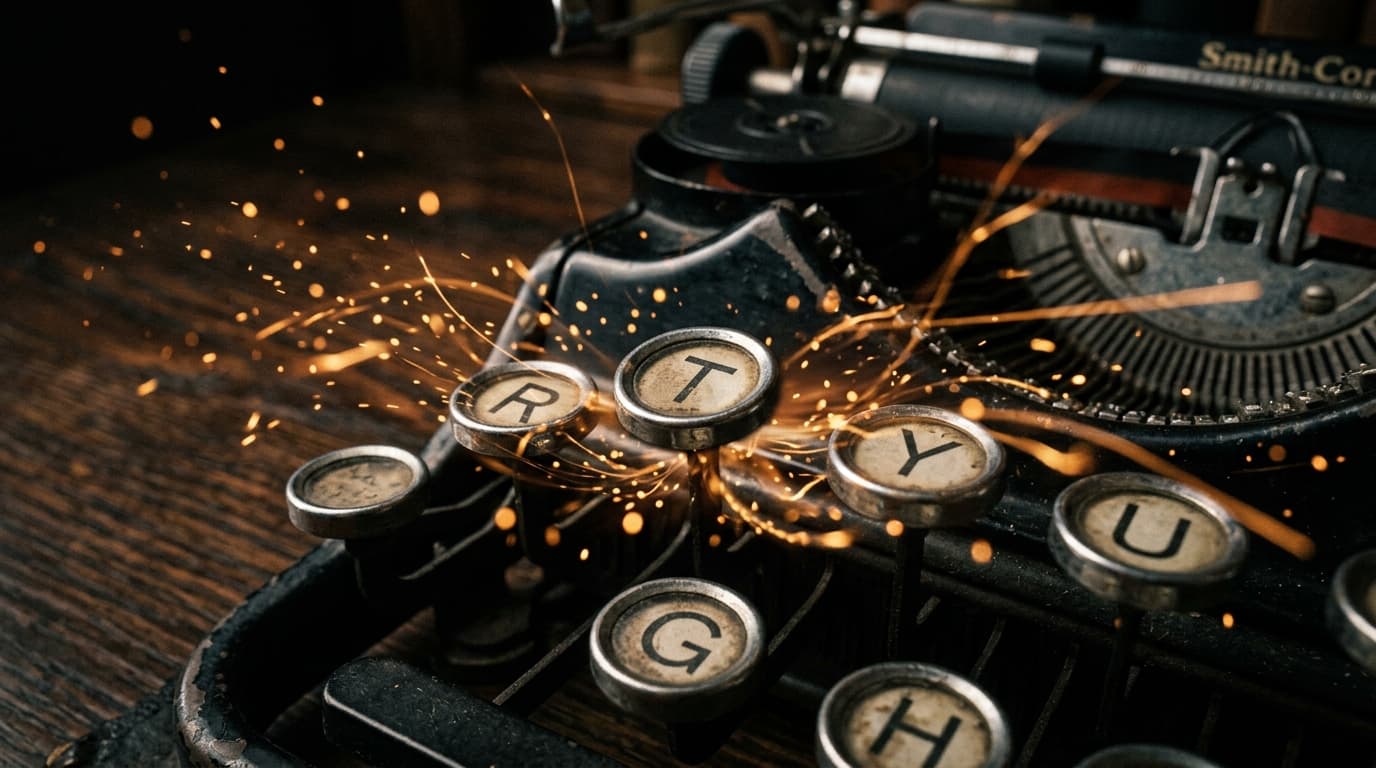 Vintage typewriter keys with warm glowing AI particles on a dark desk.