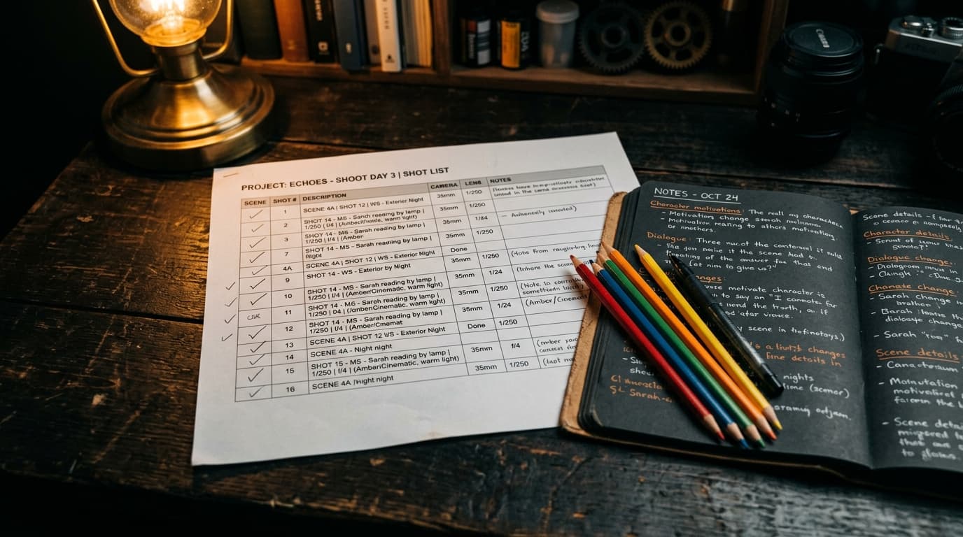 Printed shot list with coloured pencils and script pages on a dark desk.
