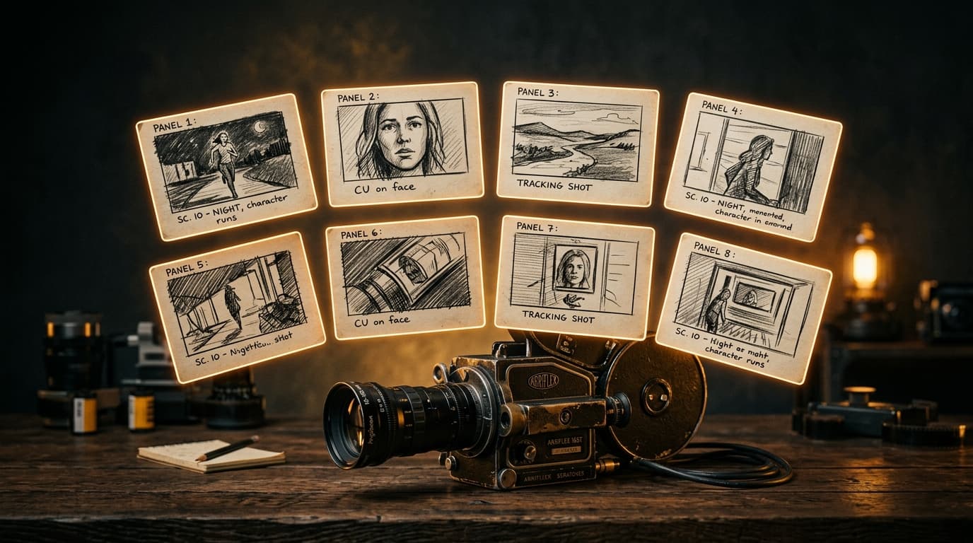 Hand-sketched storyboard panels floating above a vintage film camera.