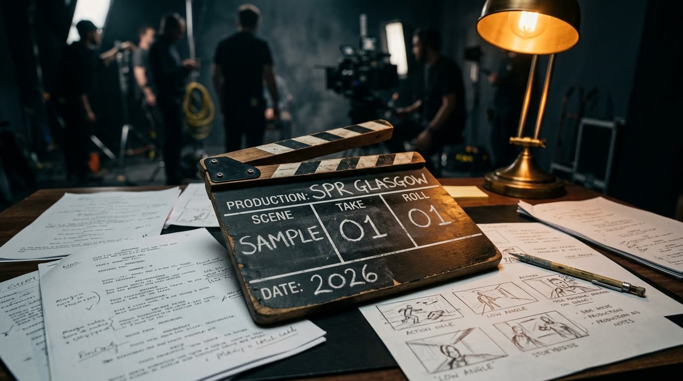 Film set clapperboard and production materials on a director's desk